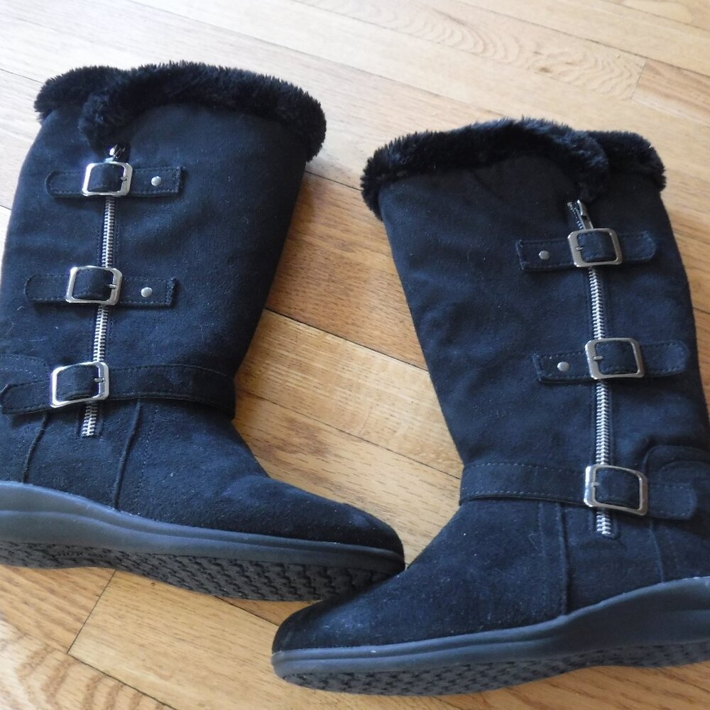 Hotcakes Girls Size 3.5 Black Boots Zipper Buckles Fur Warm